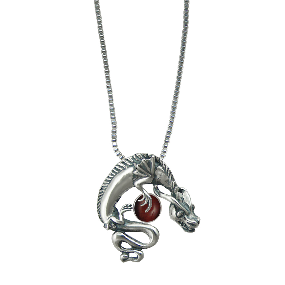 Sterling Silver Playful Dragon Pendant With Red Tiger Eye